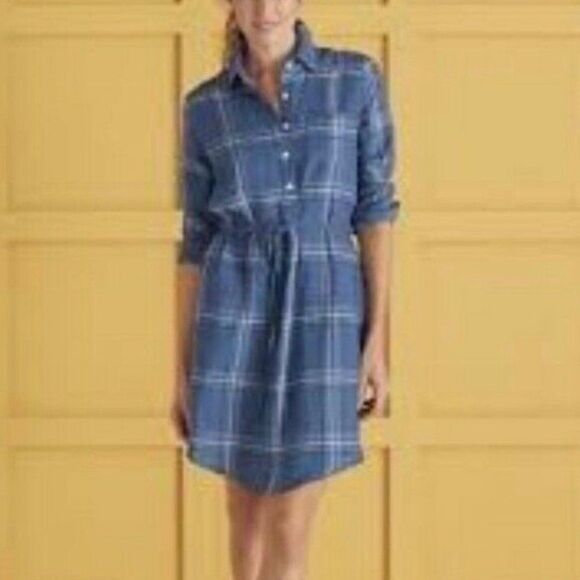 Serena & Lily Blue Plaid Margot Popover Linen Long Sleeve Shirt Dress Large New - Picture 1 of 11